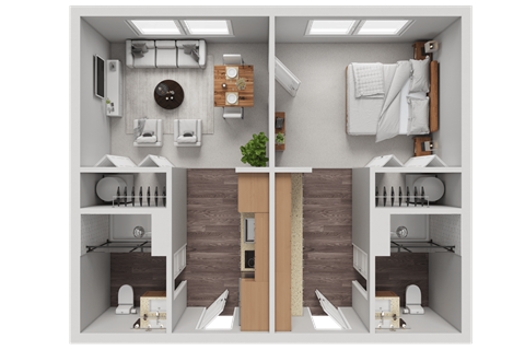 Floor plan for 1 bed, 2 baths, 1050 sqft